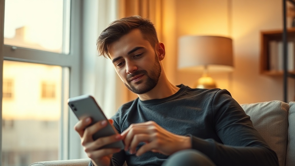 Mężczyzna korzysta z telefonu w domu podczas dyskretnej konsultacji online